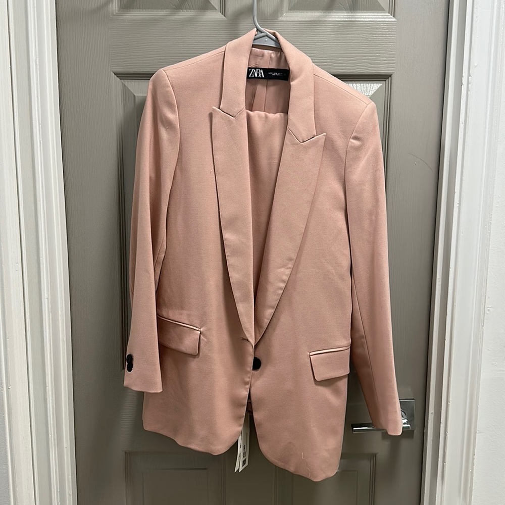 Soft blush blazer, and trousers from Zara